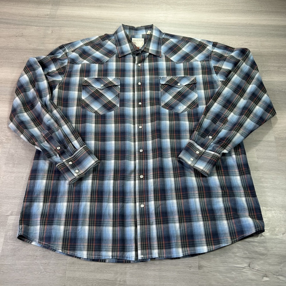 Roper Shirt Mens XL Blue Plaid Long Sleeve Western Snap Button Up Cotton Casual